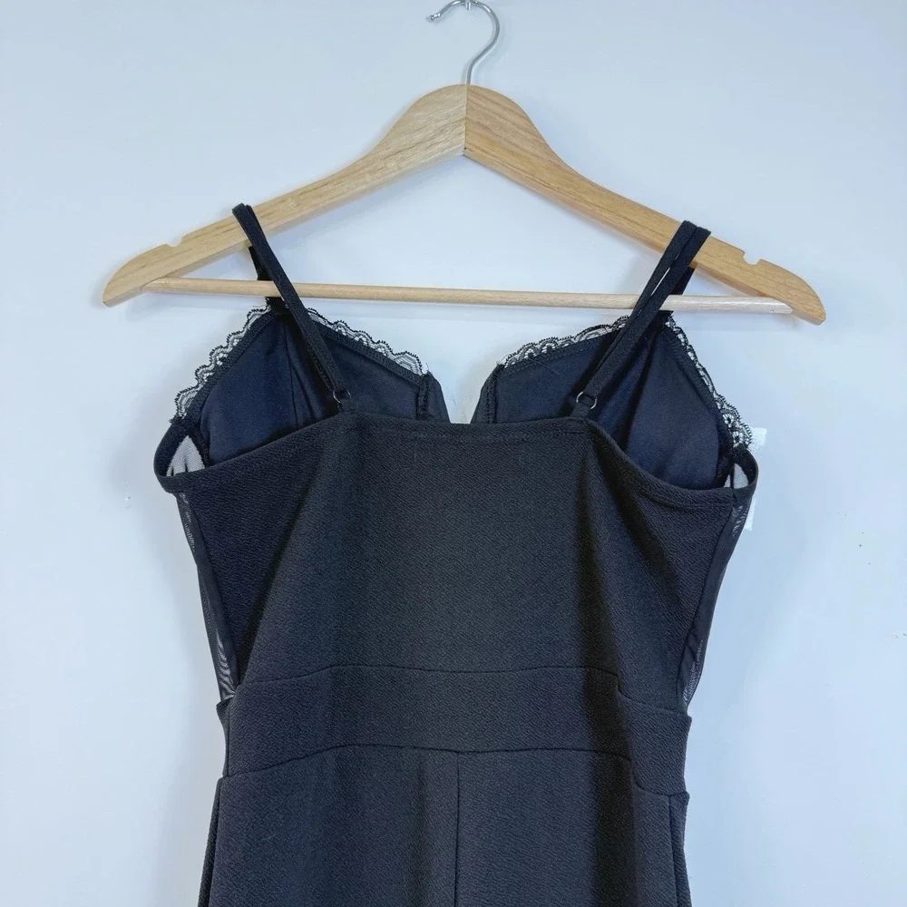 Almost‎ Famous Dark Coquette Jumpsuit Size M Black Floral Lace Sheer Mesh Bodice
